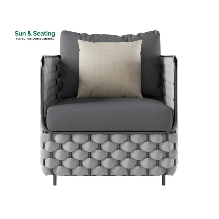Rina 4 Piece Outdoor Rope Sofa Set with Glass Top Coffee Table (Light Grey &amp; Dark Grey) Sofa Set