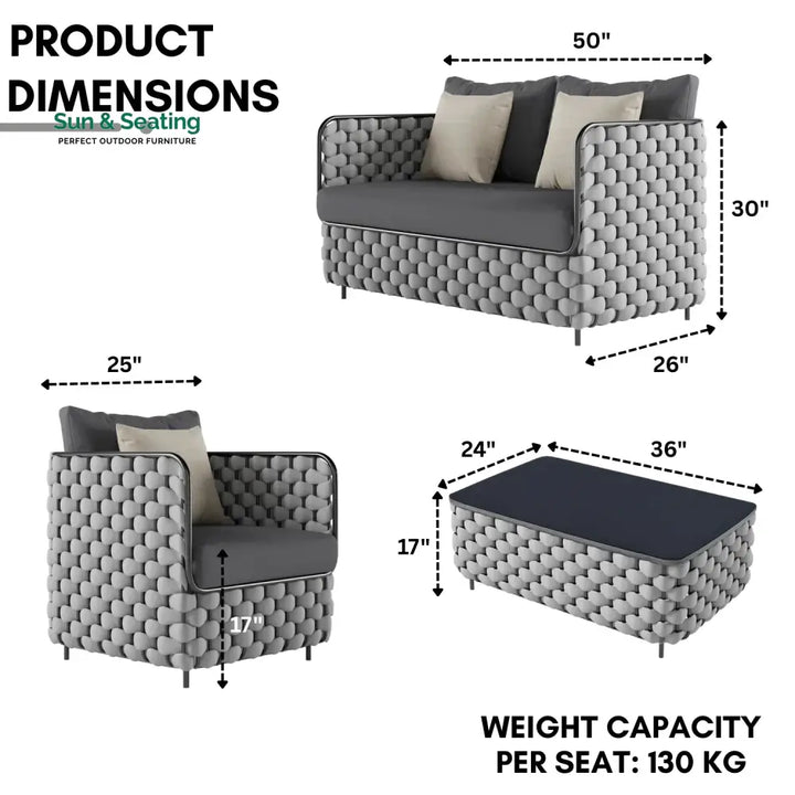 Rina 4 Piece Outdoor Rope Sofa Set with Glass Top Coffee Table (Light Grey &amp; Dark Grey) Sofa Set