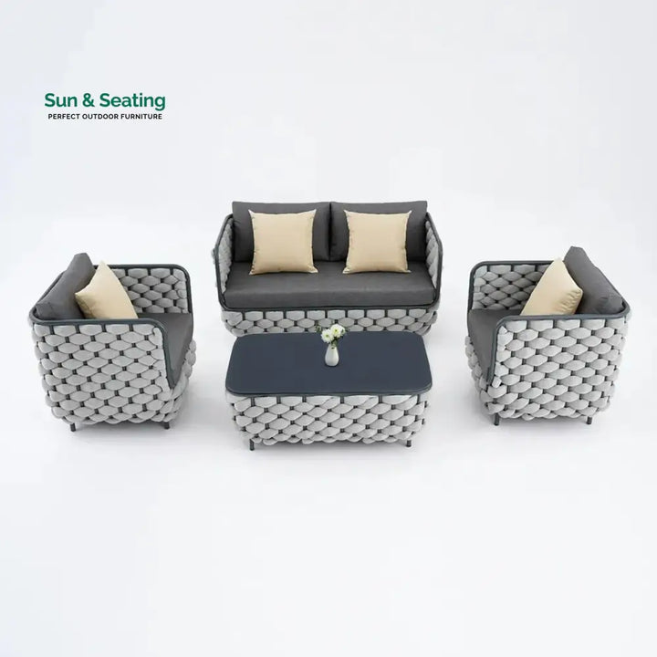 Rina 4 Piece Outdoor Rope Sofa Set with Glass Top Coffee Table (Light Grey &amp; Dark Grey) Sofa Set