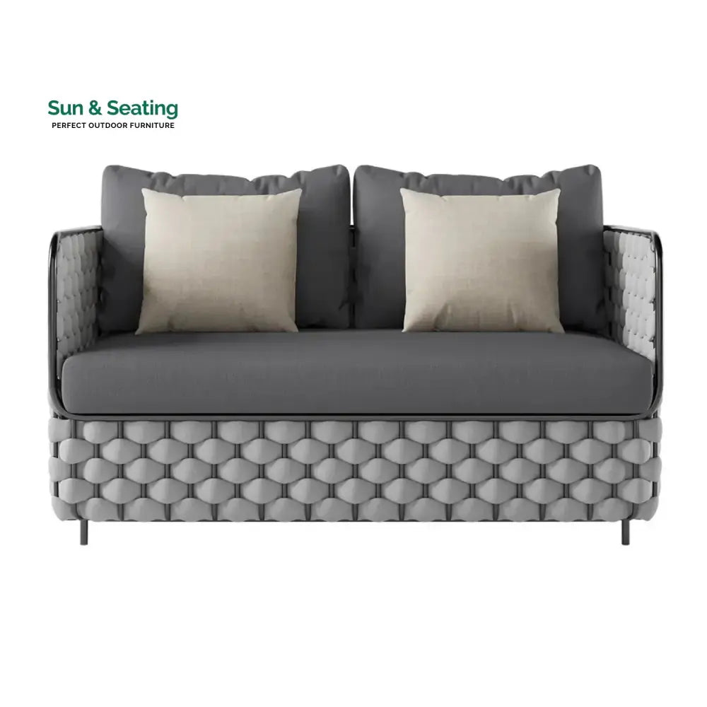 Rina 4 Piece Outdoor Rope Sofa Set with Glass Top Coffee Table (Light Grey &amp; Dark Grey) Sofa Set