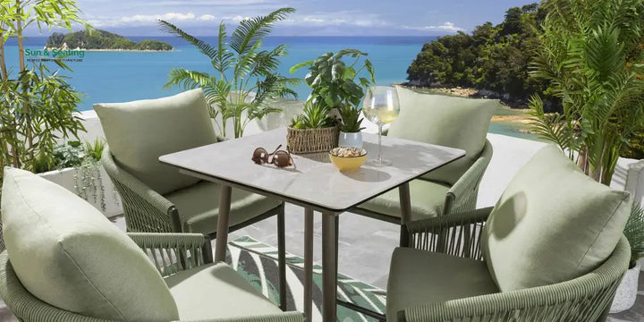 Rocío Outdoor Patio Bar Set 4 Chairs and 1 Table Set (Green) Braided &amp; Rope Bar Sets