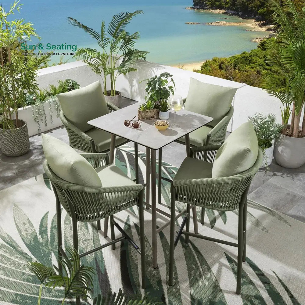 Rocío Outdoor Patio Bar Set 4 Chairs and 1 Table Set (Green) Braided &amp; Rope Bar Sets