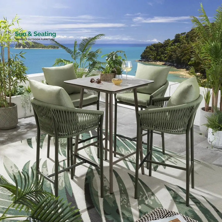 Rocío Outdoor Patio Bar Set 4 Chairs and 1 Table Set (Green) Braided &amp; Rope Bar Sets