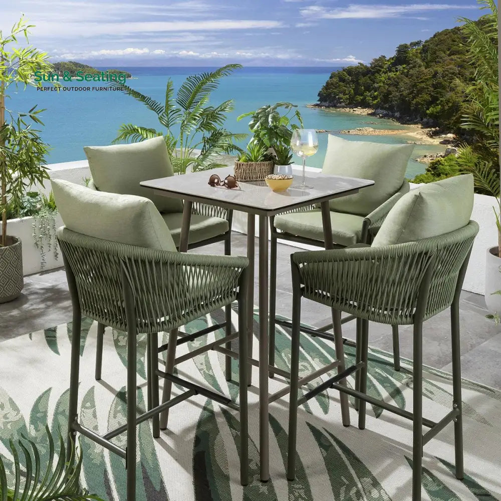 Rocío Outdoor Patio Bar Set 4 Chairs and 1 Table Set (Green) Braided &amp; Rope Bar Sets