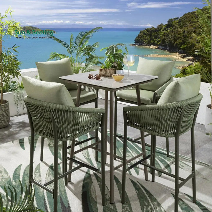Rocío Outdoor Patio Bar Set 4 Chairs and 1 Table Set (Green) Braided &amp; Rope Bar Sets