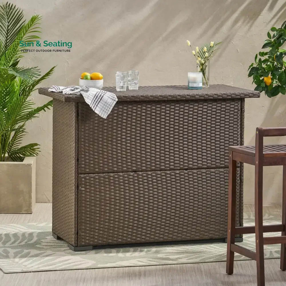 Rocio Outdoor Rattan Wicker Bar Table With Storage Selves Bar Table