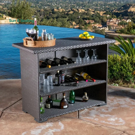 Rocio Outdoor Rattan Wicker Bar Table With Storage Selves Bar Table