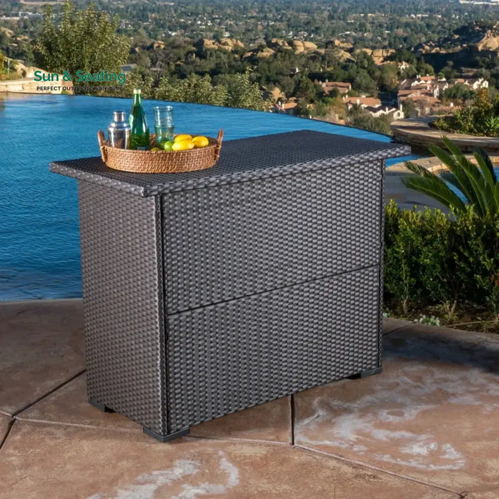 Rocio Outdoor Rattan Wicker Bar Table With Storage Selves Bar Table