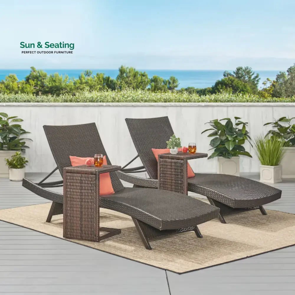 Ronke Outdoor Rattan Wicker Lounge Chairs Set of 2 with Matching Side Table Lounger Set