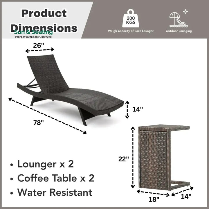 Ronke Outdoor Rattan Wicker Lounge Chairs Set of 2 with Matching Side Table Lounger Set