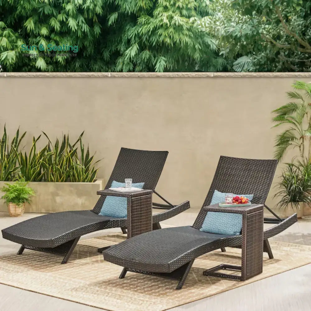 Ronke Outdoor Rattan Wicker Lounge Chairs Set of 2 with Matching Side Table Lounger Set