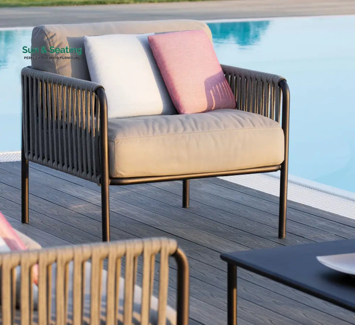 Rook Outdoor Garden Balcony Sofa Set 3 Seater 2 Single Seater 1 Center Table Set Braided Rope (Tan) Sofa Sets