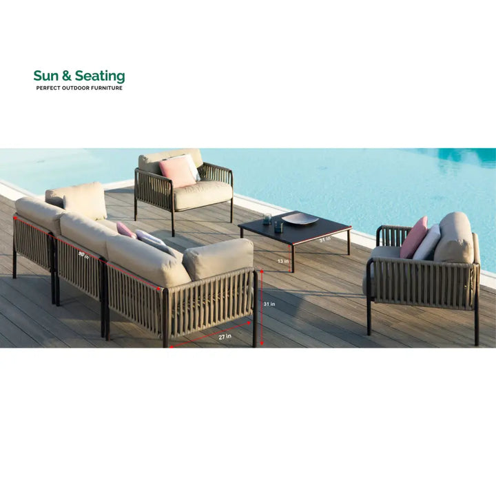 Rook Outdoor Garden Balcony Sofa Set 3 Seater 2 Single Seater 1 Center Table Set Braided Rope (Tan) Sofa Sets