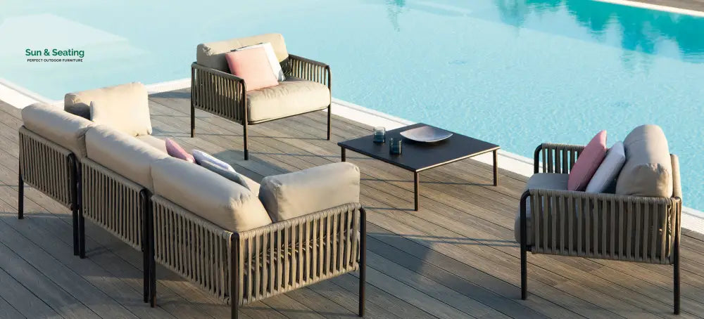 Rook Outdoor Garden Balcony Sofa Set 3 Seater 2 Single Seater 1 Center Table Set Braided Rope (Tan) Sofa Sets