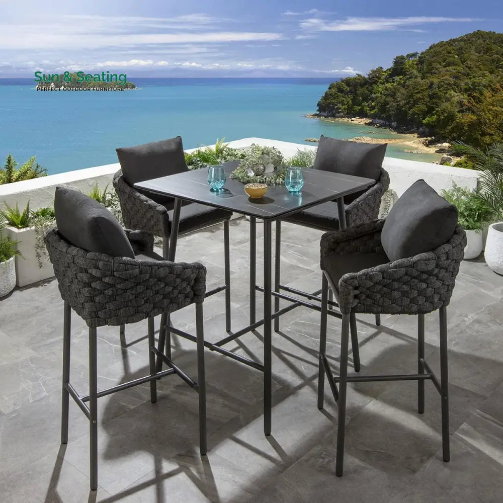 Roque Outdoor Patio Bar Set 4 Chairs and 1 Table Set (Black) Braided &amp; Rope Bar Sets
