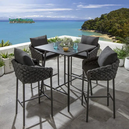 Roque Outdoor Patio Bar Set 4 Chairs and 1 Table Set (Black) Braided & Rope Bar Sets
