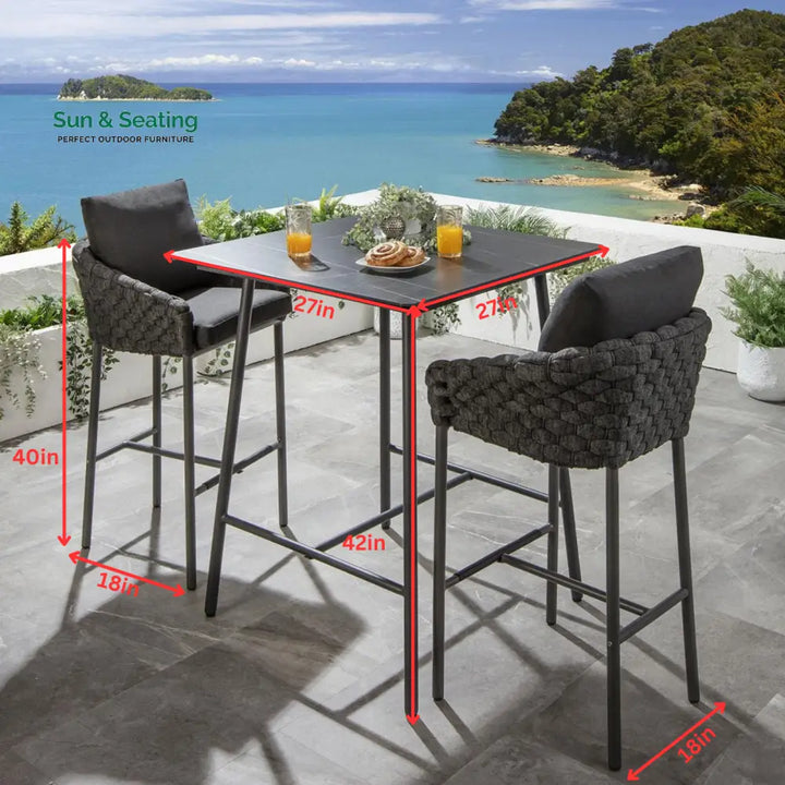 Roque Outdoor Patio Bar Set 4 Chairs and 1 Table Set (Black) Braided &amp; Rope Bar Sets