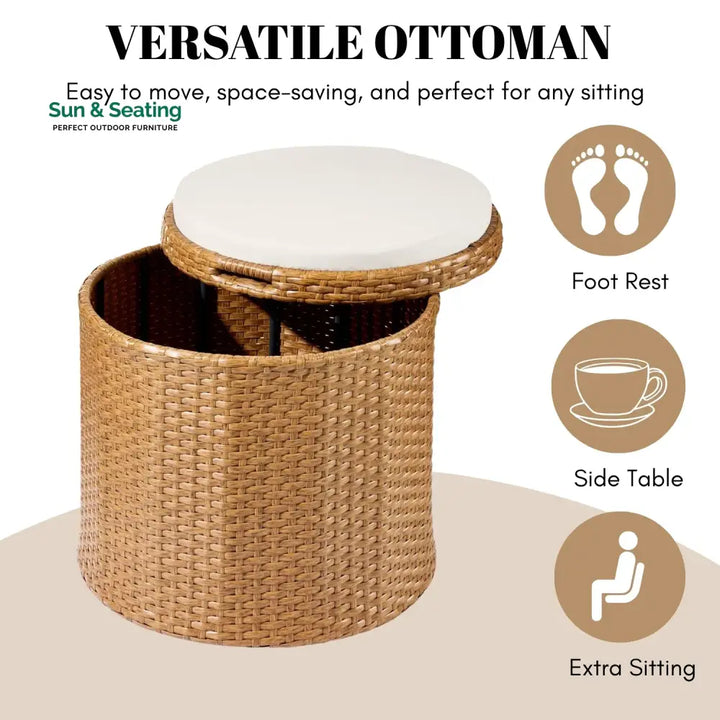 Round Wicker Ottoman for Patio &amp; Backyard