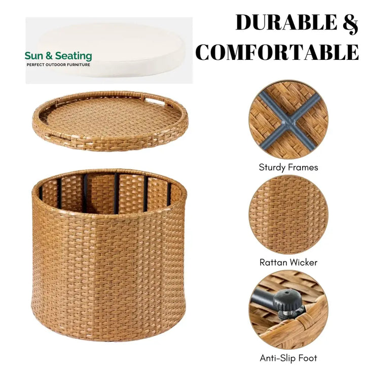 Round Wicker Ottoman for Patio &amp; Backyard