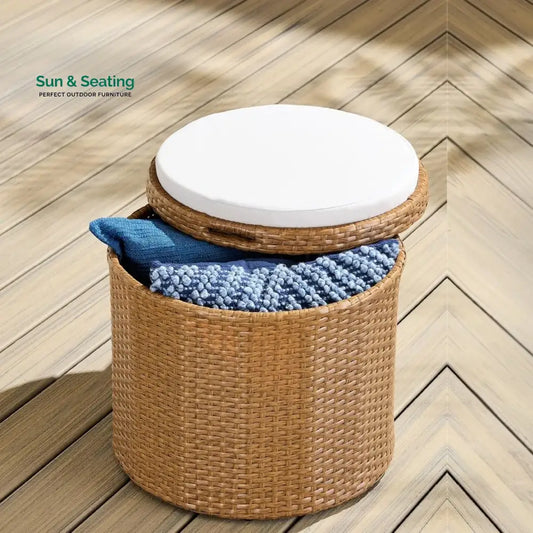 Round Wicker Ottoman for Patio & Backyard