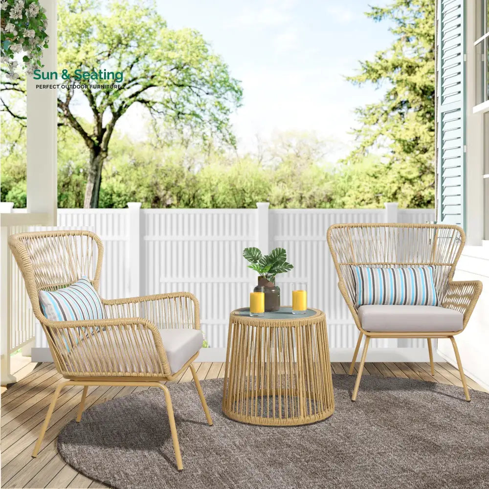 Row Outdoor Patio Seating Set 2 Chairs and 1 Table Set (Khaki) Coffee Table Sets