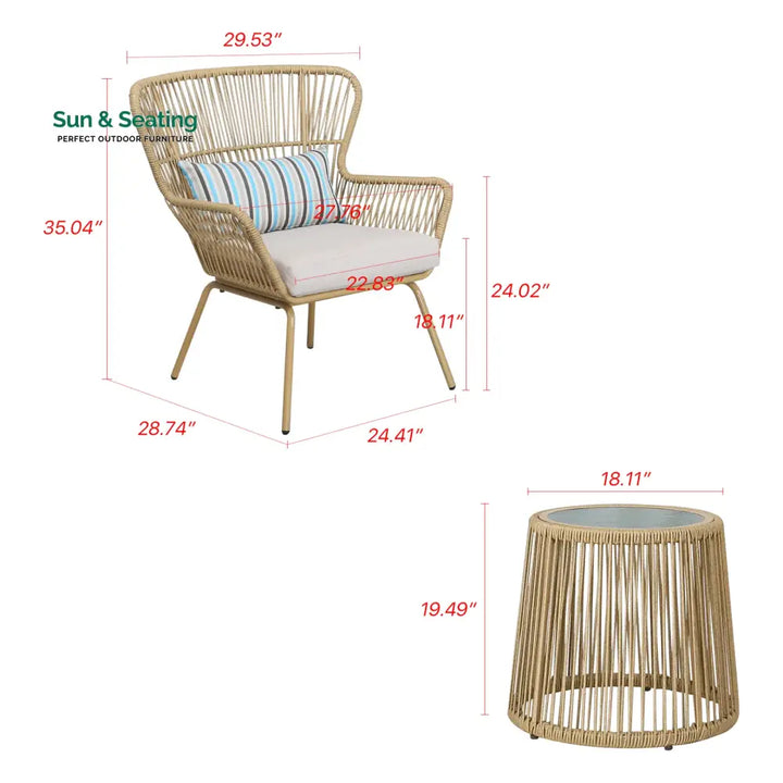 Row Outdoor Patio Seating Set 2 Chairs and 1 Table Set (Khaki) Coffee Table Sets