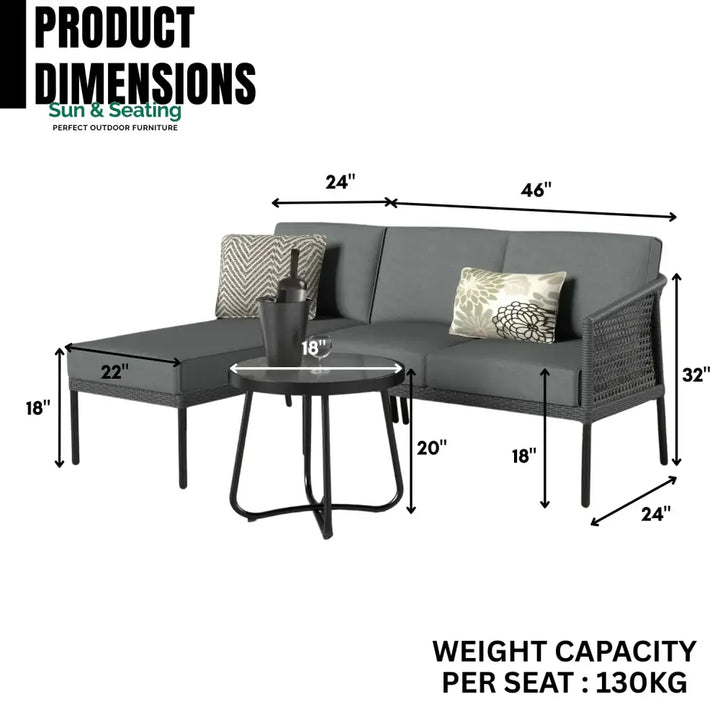 Rowan L-Shaped Patio Conversation Sofa Set with Thick Cushions &amp; Side Table (Grey) Sofa Set
