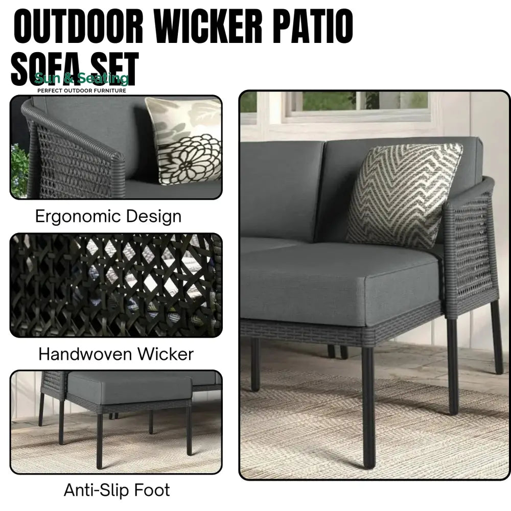 Rowan L-Shaped Patio Conversation Sofa Set with Thick Cushions &amp; Side Table (Grey) Sofa Set