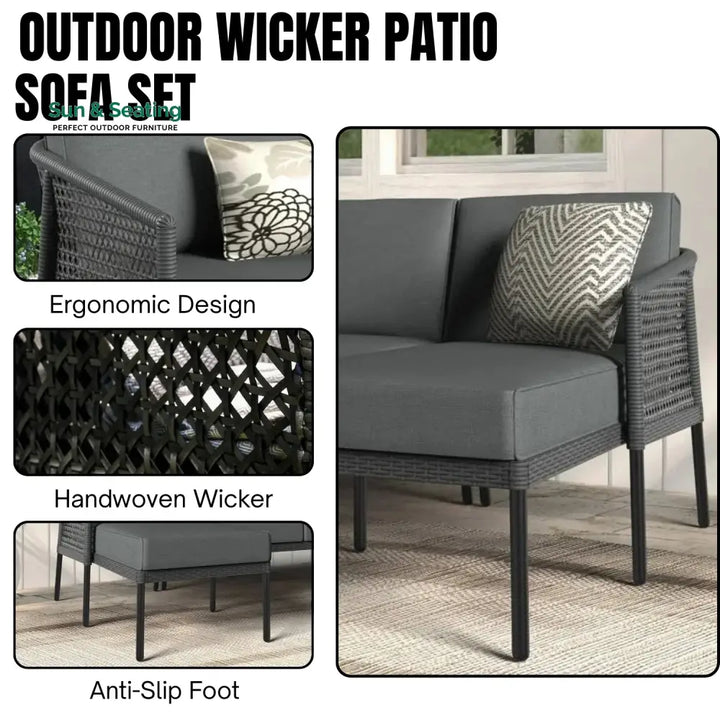 Rowan L-Shaped Patio Conversation Sofa Set with Thick Cushions &amp; Side Table (Grey) Sofa Set
