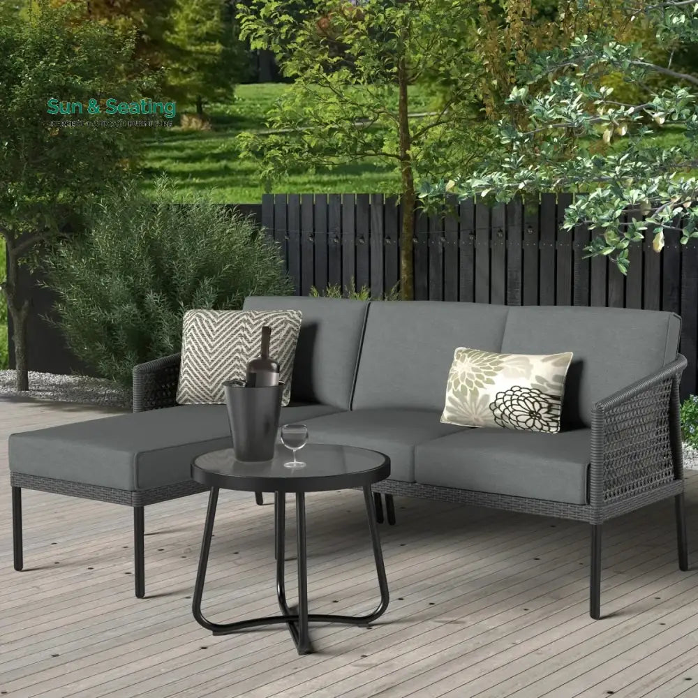Rowan L-Shaped Patio Conversation Sofa Set with Thick Cushions &amp; Side Table (Grey) Sofa Set