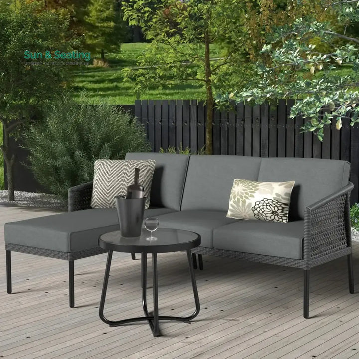 Rowan L-Shaped Patio Conversation Sofa Set with Thick Cushions &amp; Side Table (Grey) Sofa Set