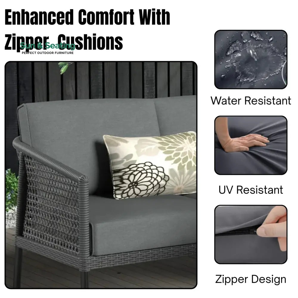Rowan L-Shaped Patio Conversation Sofa Set with Thick Cushions &amp; Side Table (Grey) Sofa Set