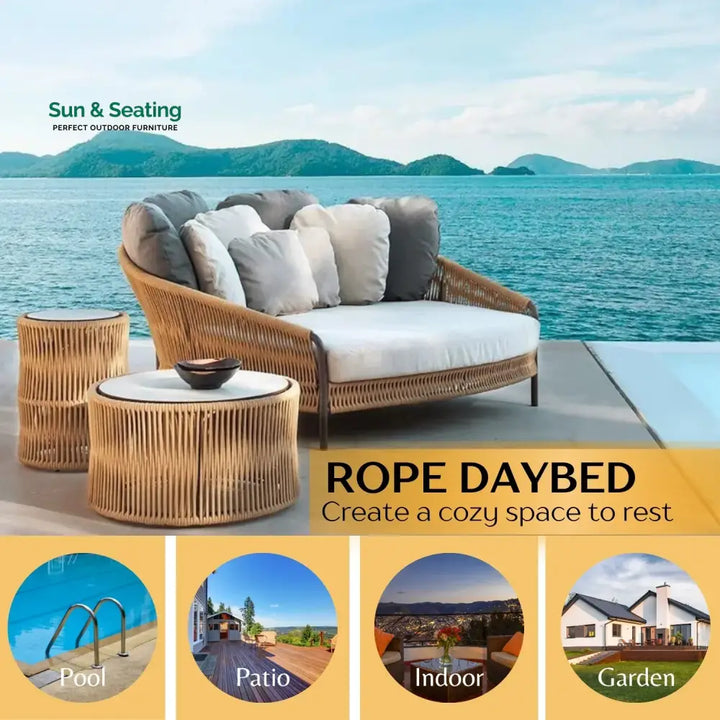 Roxane Outdoor Patio Rope Daybed With Center and Side Tables Daybed