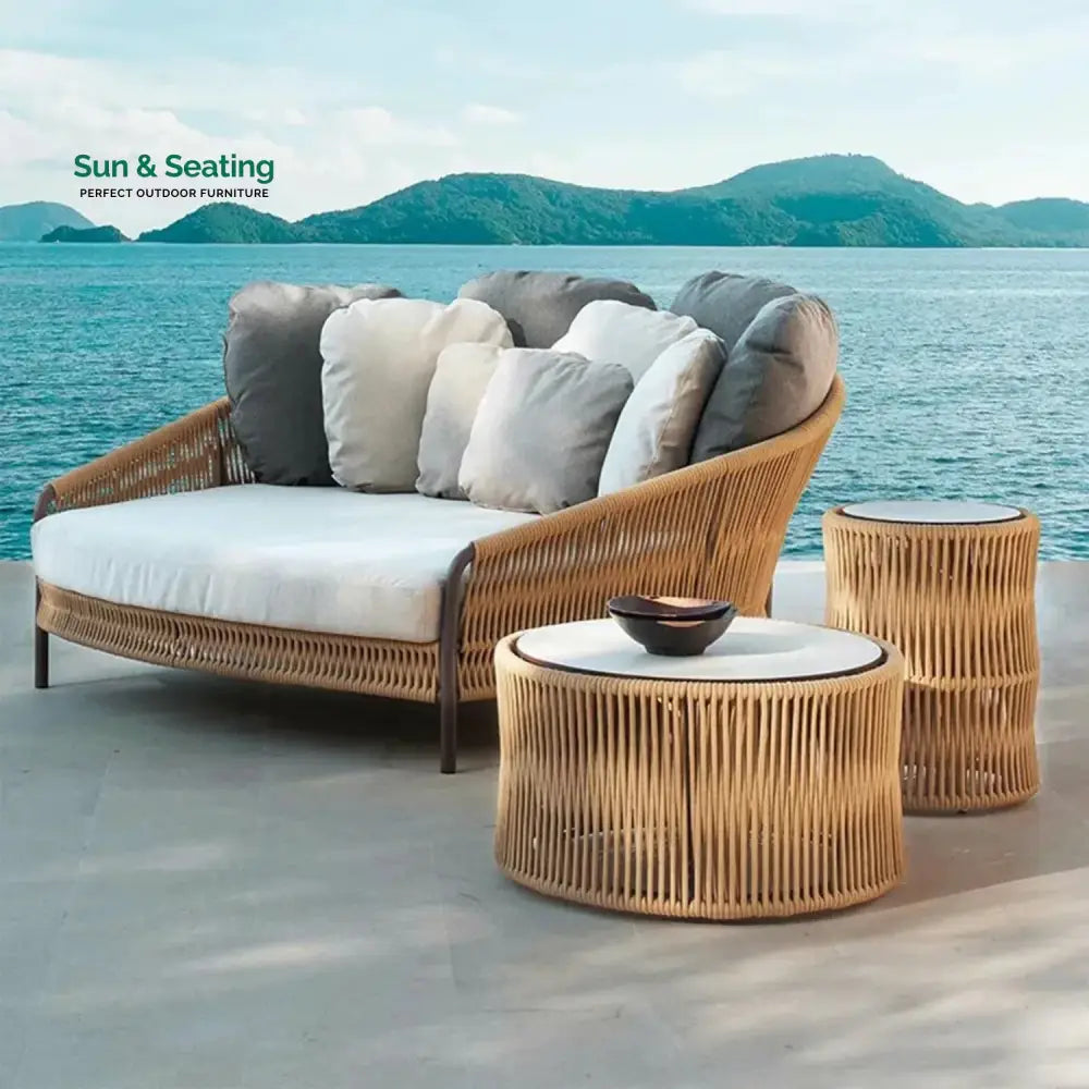 Roxane Outdoor Patio Rope Daybed With Center and Side Tables Daybed
