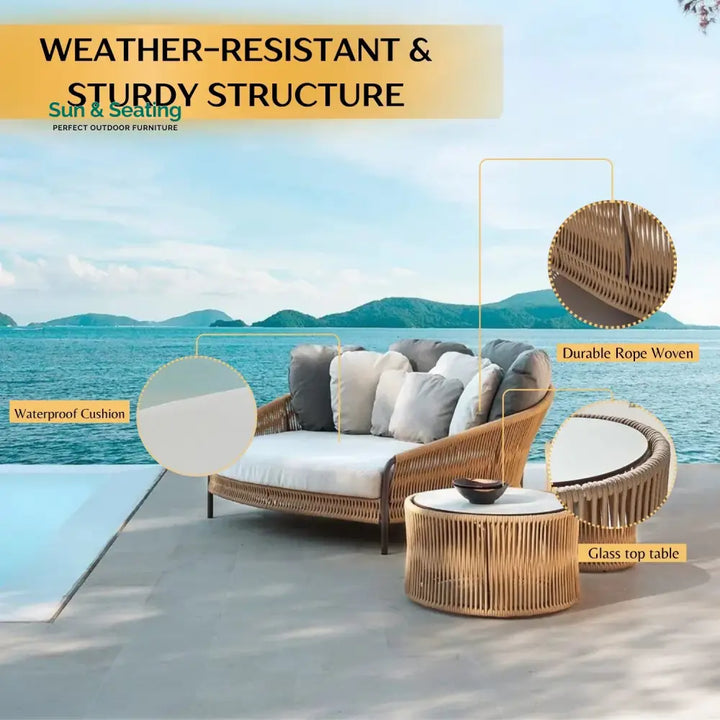 Roxane Outdoor Patio Rope Daybed With Center and Side Tables Daybed