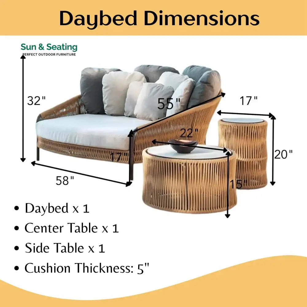 Roxane Outdoor Patio Rope Daybed With Center and Side Tables Daybed