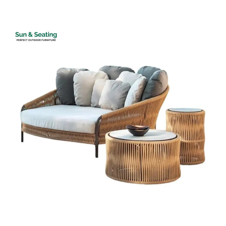 Roxane Outdoor Patio Rope Daybed With Center and Side Tables Daybed