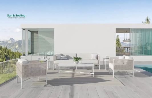 Roza Outdoor Garden Balcony Sofa Set 2 Seater and 2 Single Seater With 1 Center Table Set Braid & Rope (White + Beige)