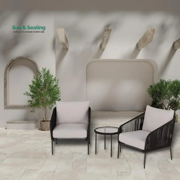 Safiya 3 Piece Outdoor Rope Bistro Set (Black &amp; White) Patio Set
