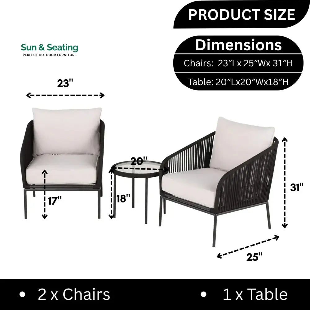 Safiya 3 Piece Outdoor Rope Bistro Set (Black &amp; White) Patio Set
