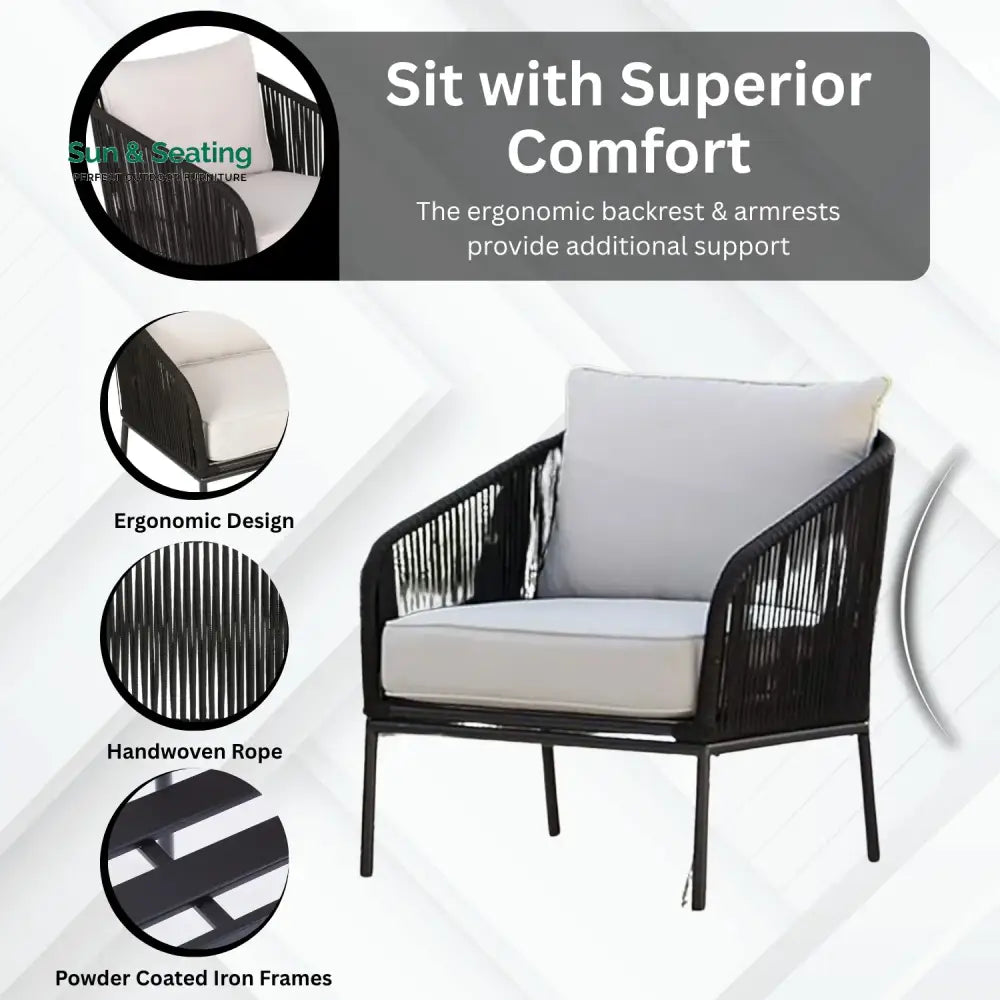 Safiya 3 Piece Outdoor Rope Bistro Set (Black &amp; White) Patio Set