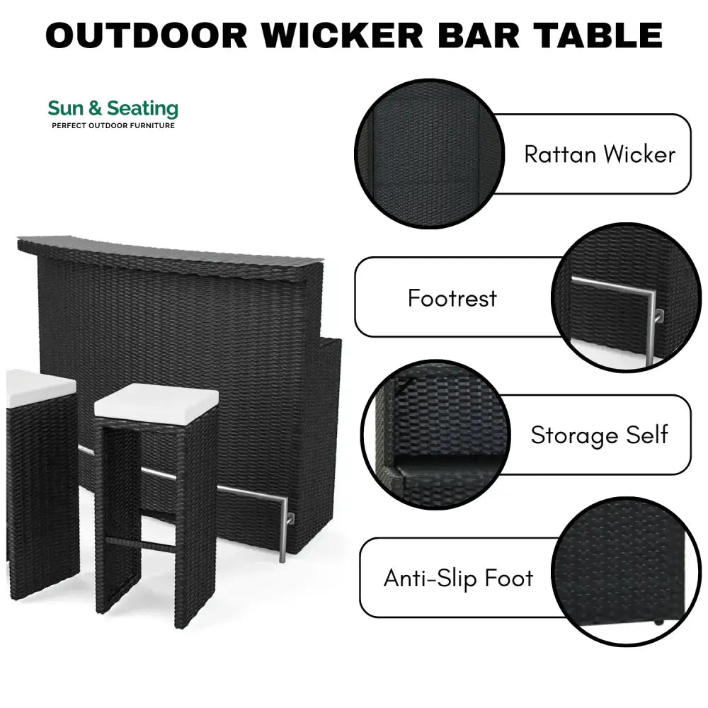 Saira 3-Seater Outdoor Rattan Wicker Bar Set Bar Set
