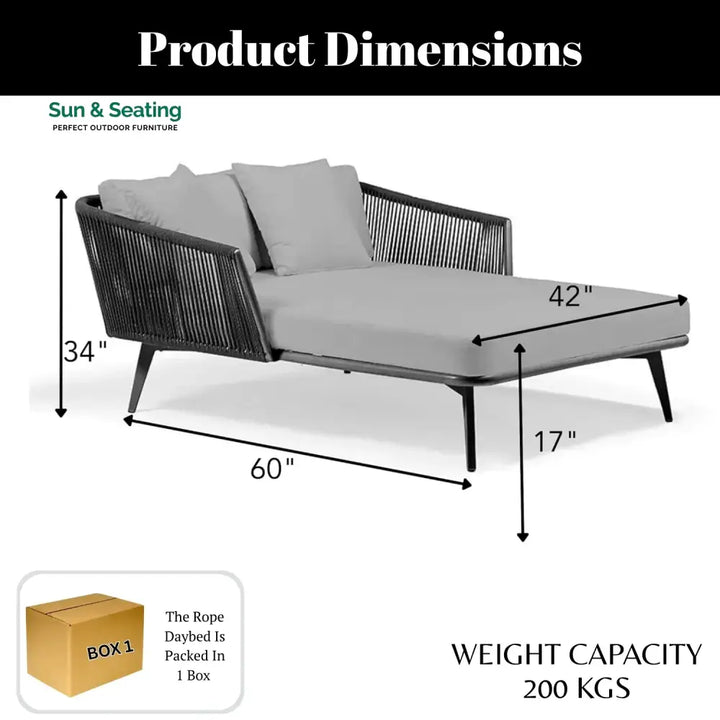 Salwa Outdoor Black Rope Patio Daybed with Comfortable Grey Cushion Daybed