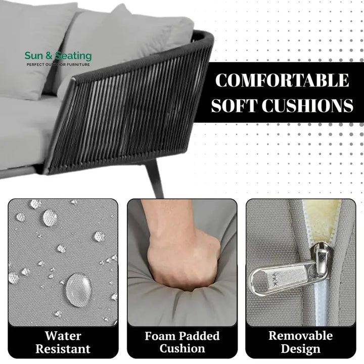Salwa Outdoor Black Rope Patio Daybed with Comfortable Grey Cushion Daybed