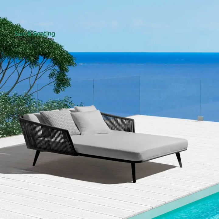 Salwa Outdoor Black Rope Patio Daybed with Comfortable Grey Cushion Daybed