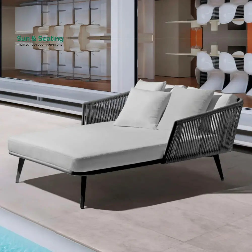 Salwa Outdoor Black Rope Patio Daybed with Comfortable Grey Cushion Daybed