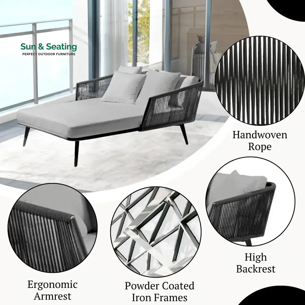 Salwa Outdoor Black Rope Patio Daybed with Comfortable Grey Cushion Daybed