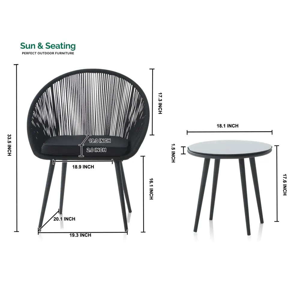 Sam Outdoor Patio Seating Set 2 Chairs and 1 Table Set (Black) Braided &amp; Rope Coffee Table Sets