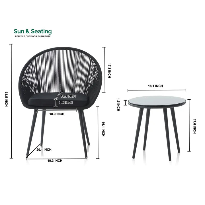 Sam Outdoor Patio Seating Set 2 Chairs and 1 Table Set (Black) Braided &amp; Rope Coffee Table Sets