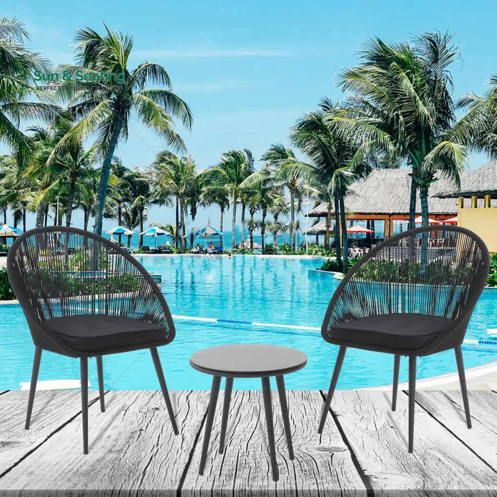Sam Outdoor Patio Seating Set 2 Chairs and 1 Table Set (Black) Braided & Rope Coffee Table Sets